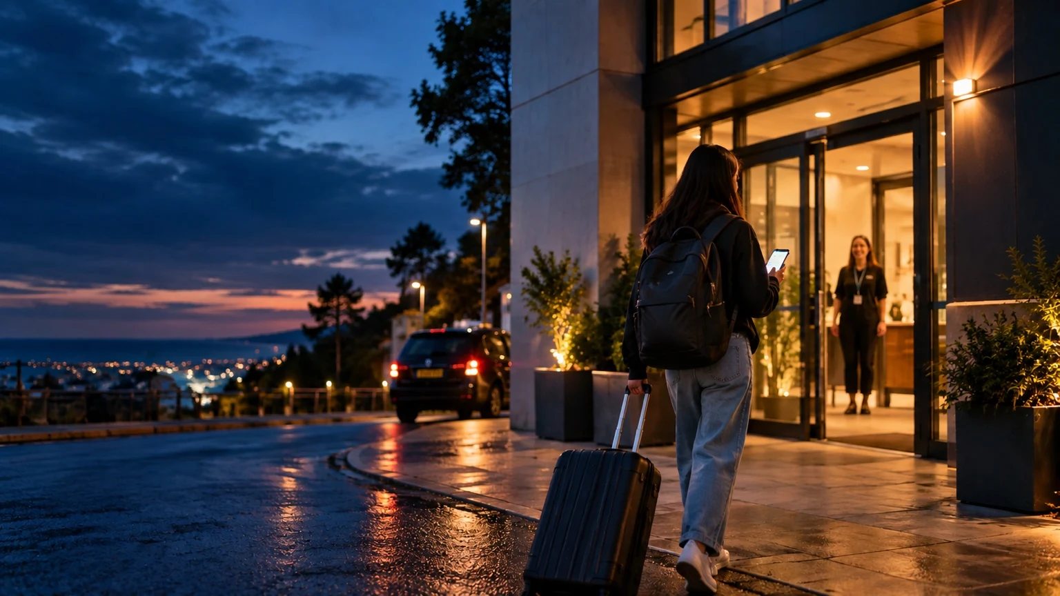 Illustrative scene of a student arriving with her suitcase at a warmly lit residence after dark, with someone waiting to welcome her.